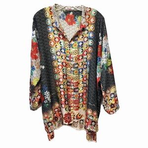 Johnny Was Babette Silk Nesting Dolls Print Tunic Blouse Size L